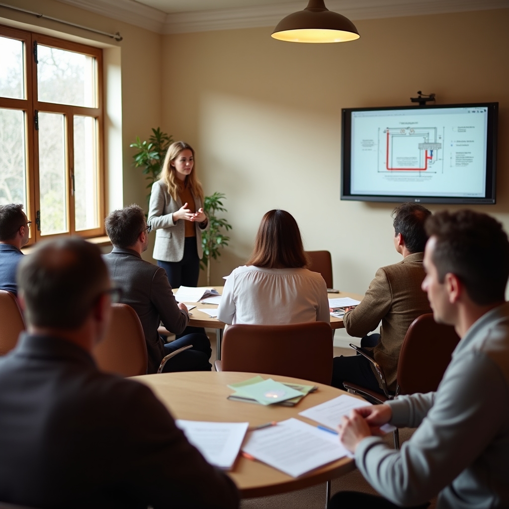 Účastníci workshopu diskutují nad podklady o vytápění v učebně
